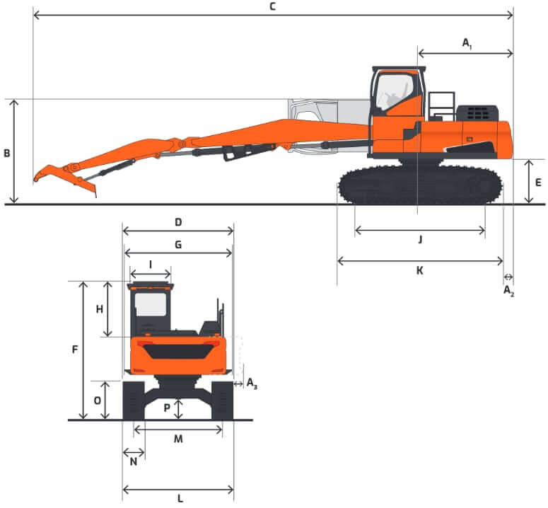 Doosan DX380LL-5 Log Loader Dimensions