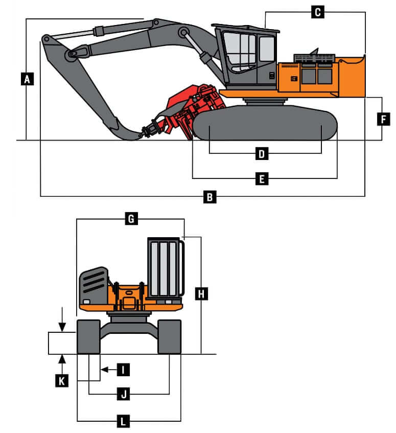 Hitachi ZX210F-3 Harvester Dimensions