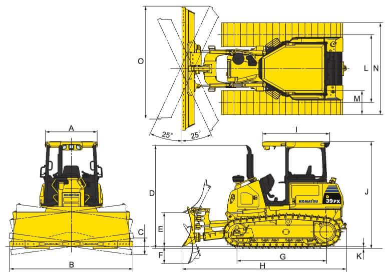 Komatsu D39PX-22 Dozer Dimensions