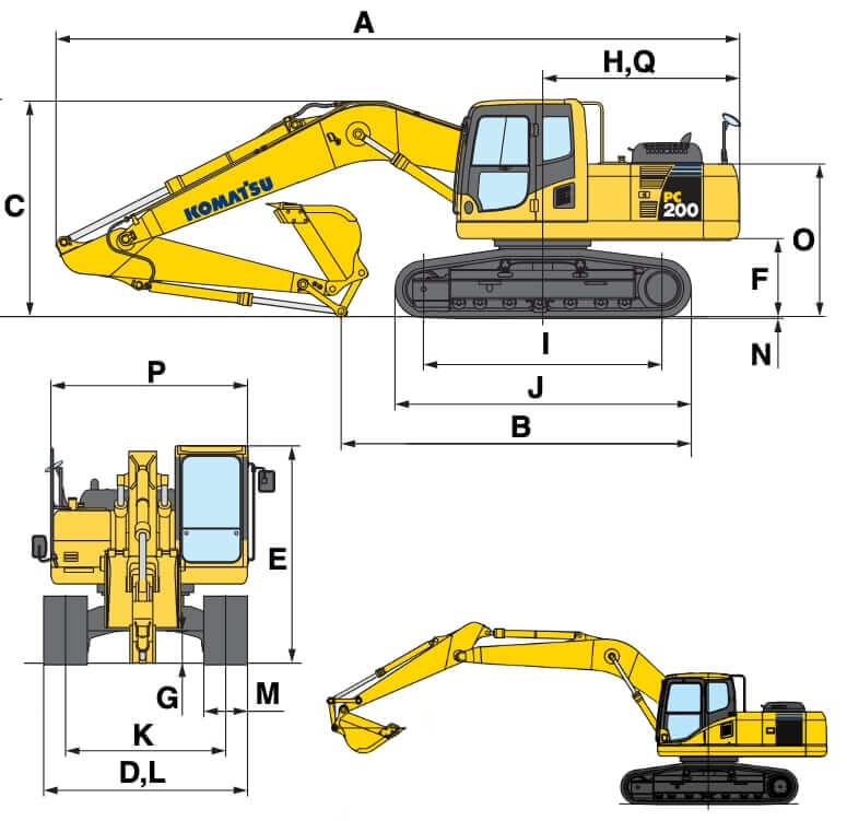 Komatsu PC200-8 Excavator Dimensions and Weights