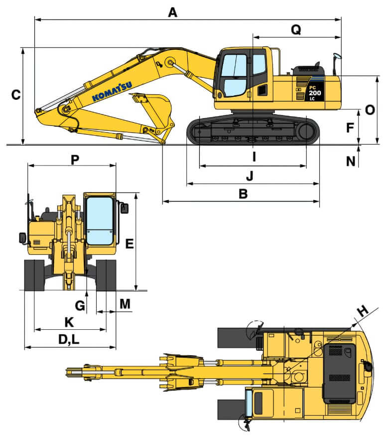 Komatsu PC200LC-8 Excavator Dimensions