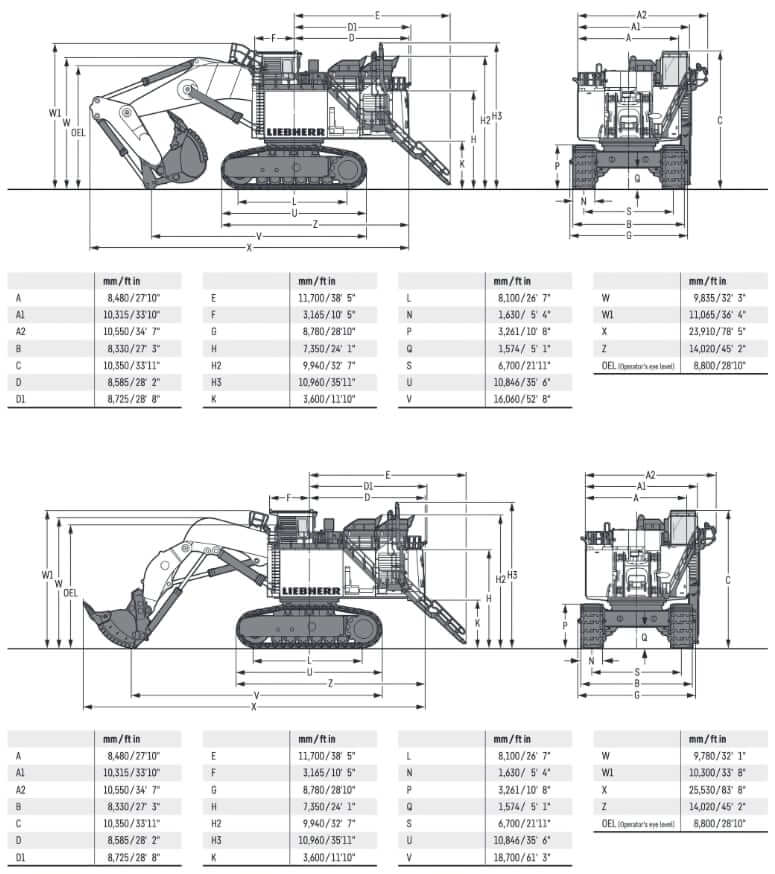 Liebherr R9800 G6 Mining Excavator Dimensions